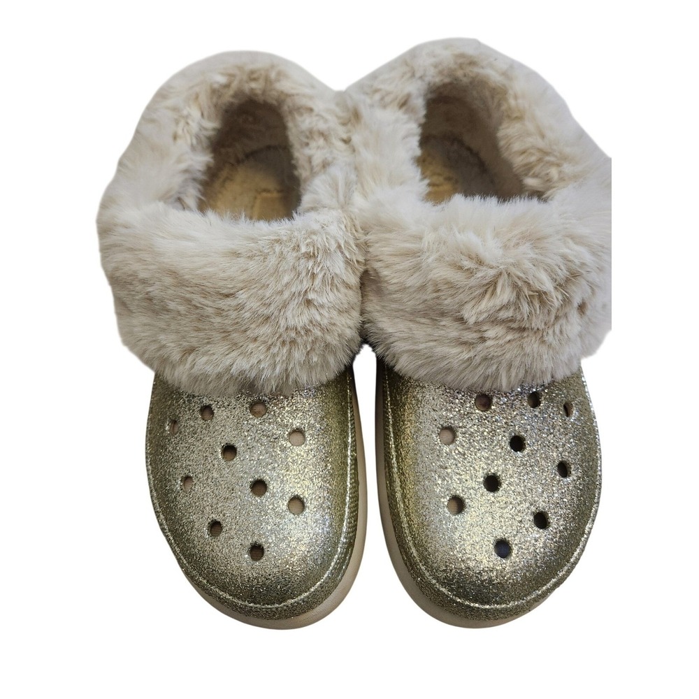 Crocs Classic Glitter Lined Clogs Furry Cozy Gold‎ Women Slides Slippers